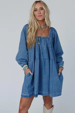 Azura Exchange Gelaagde Denim Jurk | Casual | Comfortabel | Vierkante Hals | Lange Mouwen