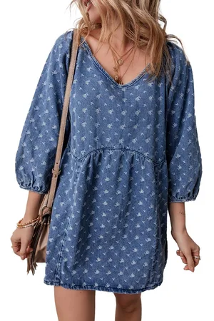Azura Exchange Ashleigh Blauwe Textuur Open Rug Losse Pasvorm Denim Jurk