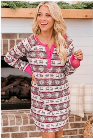 Azura Exchange Dames Patroon Henley Pyjama Jurk in Roze