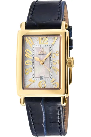 Gevril Avenue of the Americas Mini Dames IPYG RVS Kast, Witte MOP Wijzerplaat Horloge, Echte Blauwe Leren Band