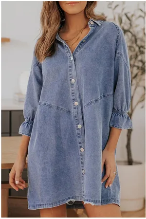 Azura Exchange Dames Knopjes Lange Mouw Denim Mini-jurk in Luchtblauw
