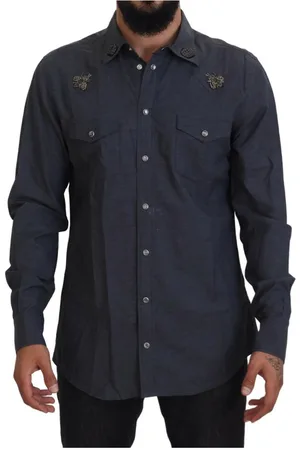 Dolce & Gabbana Blauwe Denim Slim Fit Shirt met Kristallen Bijen Versieringen