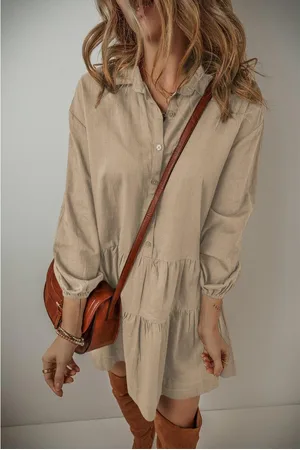 Azura Exchange Tan Puff Sleeve Knopjes Tiered Plissé Shirt Mini-jurk