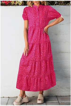 Azura Exchange Roze Rode Bloemen Mock Neck Puff Sleeve Gelaagde Maxi-jurk
