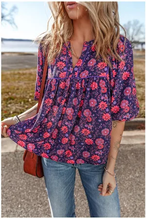 Azura Exchange Paarse Bloemen Halve Mouw Splitnek Blouse Top