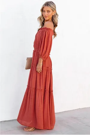 Azura Exchange Dames Off-Shoulder Ballonmouw Uitsnijding Ruches Maxi Jurk in