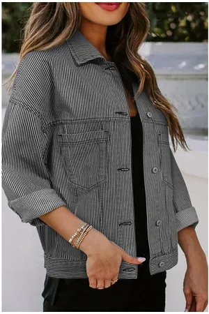Azura Exchange Blauwe Streep Gewassen Oversized Denim Jas met Zakjes