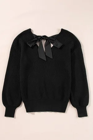 Azura Exchange Zwarte Lantaarnmouw V-Hals Knoop Achter Sweater
