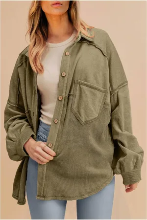 Azura Exchange Mosgroene Wafflegebreide Patches Overhemdjas met Knopen in Oversized Pasvorm