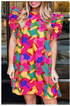 Azura Exchange Roze Rode Abstracte Print Rimpel Mouw Shift Jurk