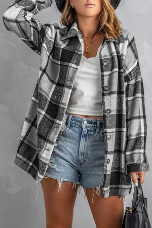 Azura Exchange Dames Geruite Print Gebuttonde Shirtjack in