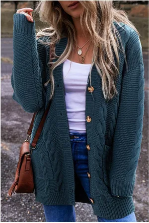 Azura Exchange Paca Blue Kabelgebreide Knopen Voorkant Zak Cardigan