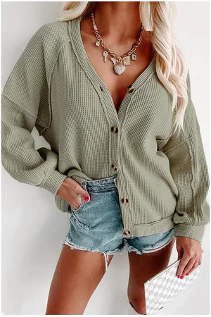 Azura Exchange Vrouwen Groene Exposed Seam Wafelgebreide Cardigan in