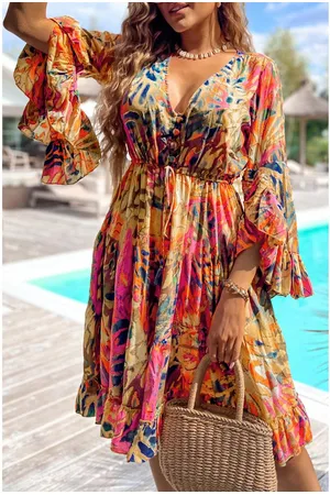Azura Exchange Plantenprint Tuniek met Flared Mouwen en Rimpelzoom, Hoge Taille, Vloeiende Jurk