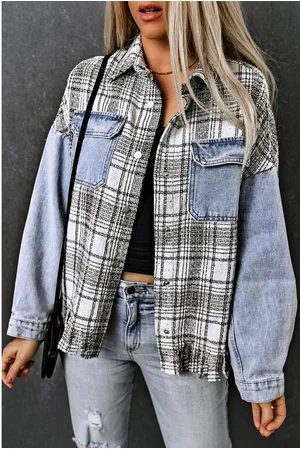 Azura Exchange Dames Geruite Patchwork Fringe Spijkerjack in Luchtblauw