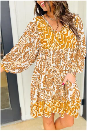 Azura Exchange Dames Mosterd Gele Bloemenprint V-Hals Casual Jurk