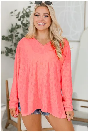 Azura Exchange Abrikoosroze Overmaat Floral Jacquard V-Hals Lange Mouwen Top