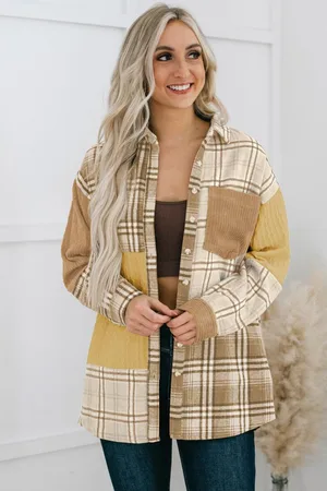 Azura Exchange Khaki Ruitkleurblok Patchwork Overhemdjas met Zak