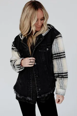Azura Exchange Geruit Mouw Versleten Zoom Capuchon Denim Jas