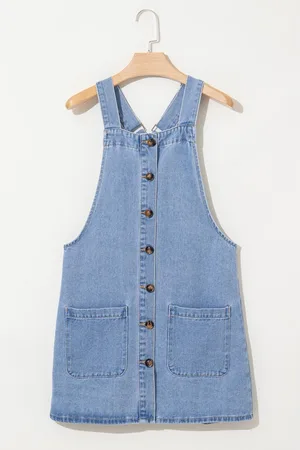 Azura Exchange Beau Blue Brede Schouderband Knopfront Pocket Denim Mini Jurk