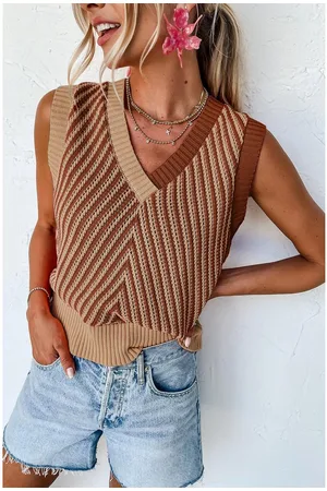 Azura Exchange Licht Franse Contrast Chevron Gebreide V-hals Sweater Vest