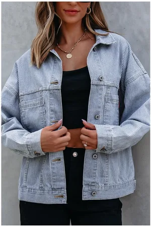 Azura Exchange Hemelsblauwe Striped Gewassen Oversized Denim Jas met Zakjes