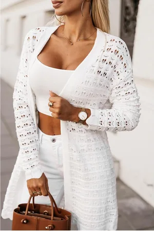 Azura Exchange Dames Open Gehaakt Lange Mouw Cardigan met Golf Trim in