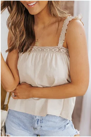 Azura Exchange Dames Rimpelbandjes Guipure Afwerking Tanktop in Khaki
