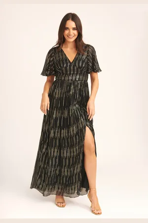 Gini London Gestreepte Folie Engel Mouwen Maxi Jurk