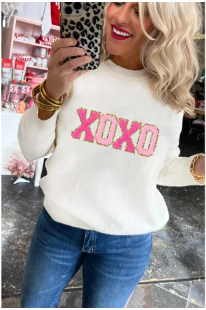 Azura Exchange Witte XOXO Glitterprint Ronde Hals Casual Trui
