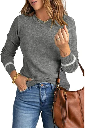 Azura Exchange Medium Grijze Ribgebreide Trim Crew Neck Langetermijn Sweater