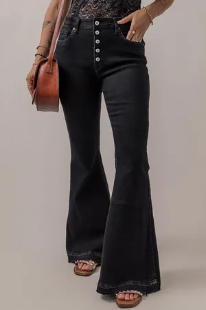 Azura Exchange Zwarte Hoge Taille Knopenaan Flare Jeans
