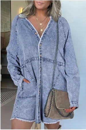 Azura Exchange Beau Blue Mineral Wash Lange Mouw Knopen Hem Rauwe Zoom Pocket Denim Jurk
