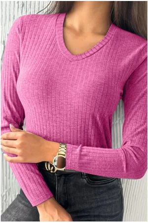 Azura Exchange Aardbeiroze Geribbelde Tricot V-hals Lange Mouw Slim Fit Top