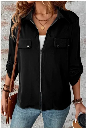 Azura Exchange Dames Zwarte Lange Mouwen Zip-Up Blouse