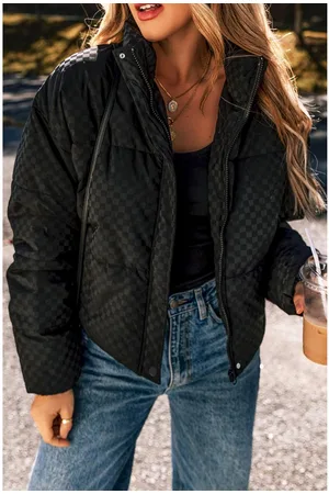 Azura Exchange Zwarte Karo Volledige Rits Puffer Jacket