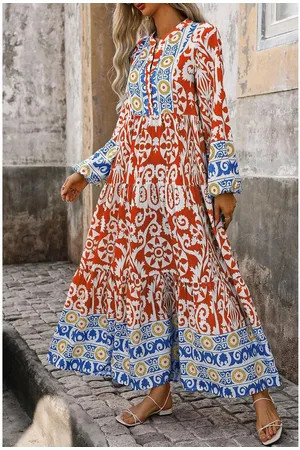 Azura Exchange Boho Geometrisch Gedrukt Lange Mouwen Maxi-Jurk