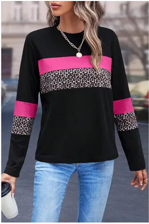 Azura Exchange Roze Luipaard Kleurblok Patchwork Ronde Hals Lange Mouw T-shirt