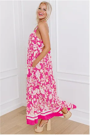 Azura Exchange Roze Bloemen V-hals Crisscross Rugloze Maxijurk