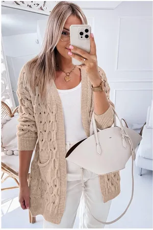 Azura Exchange Dames Kabelgebreide Cardigan met Zakken Beige