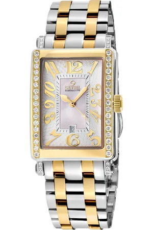 Gevril Avenue of Americas Mini Dames Zwitserse Kwarts Twee Tinten IPYG RVS Diamanten Kast, Witte MOP Wijzerplaat Horloge