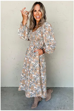 Azura Exchange Khaki Maple Grove Bloemen Smock Puff Mouw Lange Jurk