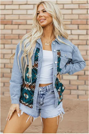 Azura Exchange Blauwe Azteken Geprinte Denim Jasje