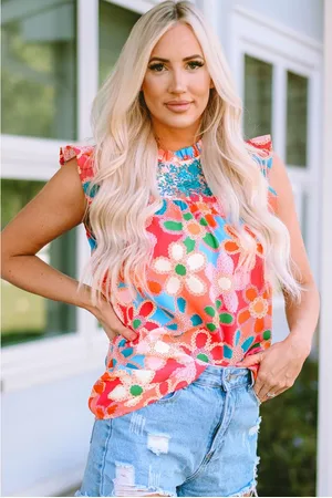 Azura Exchange Dames Bloemenprint Rimpel Trim Tanktop in