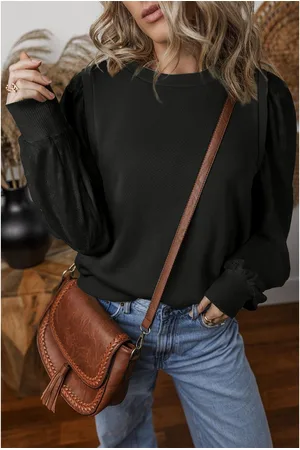 Azura Exchange Zwarte Geweven Patchwork Ronde Hals Sweatshirt