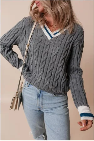 Azura Exchange Medium Grijze Kleurcontrast Ribbelrand Kabelgebreide V-Hals Sweater