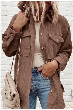 Azura Exchange Kastanjebruine Corduroy Flap Pocket Knopen Overhemdjack