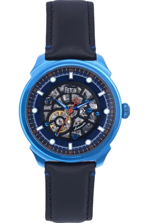 Reign Weston Automatisch horloge met geskeletteerde lederen band - blauw/zwart