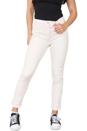 M&Co Dames jeans met hoge taille en taps toelopende rechte pijpen in beige