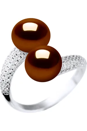 Diadema Ring YOU AND ME 2 Parels van het water Zoete Chocolade Jewelry 9-10 mm 925